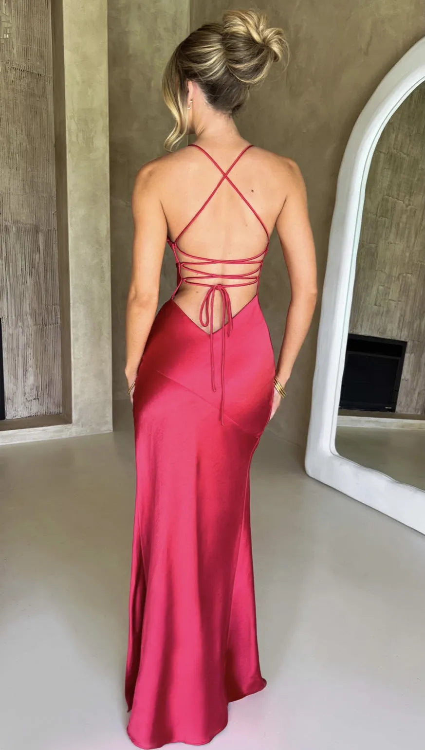 Women Satin Long V Neck Dress For Valentines Day Elegant Backless Evening Gown With Slit